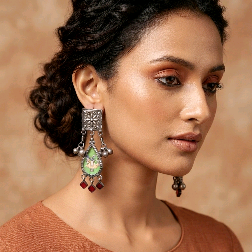Hand Painted Shrinathji SilverEarrings